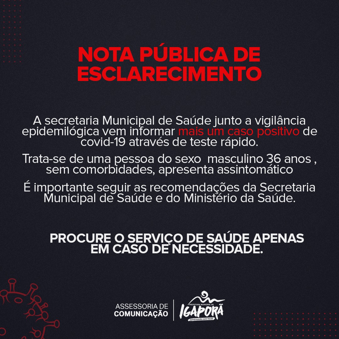 Mais um caso de Covid-19 é registrado no Município de Igaporã.